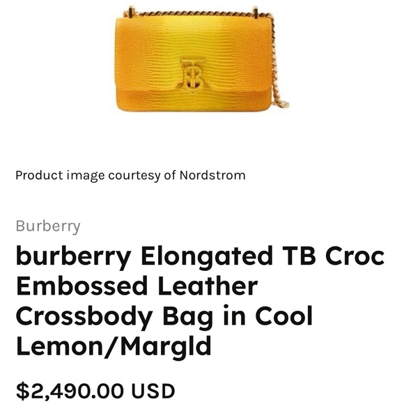 Burberry Elongated TB Croc Embossed Leather Crossbody Bag in Cool Lemon/Margld - Picture 7 of 7